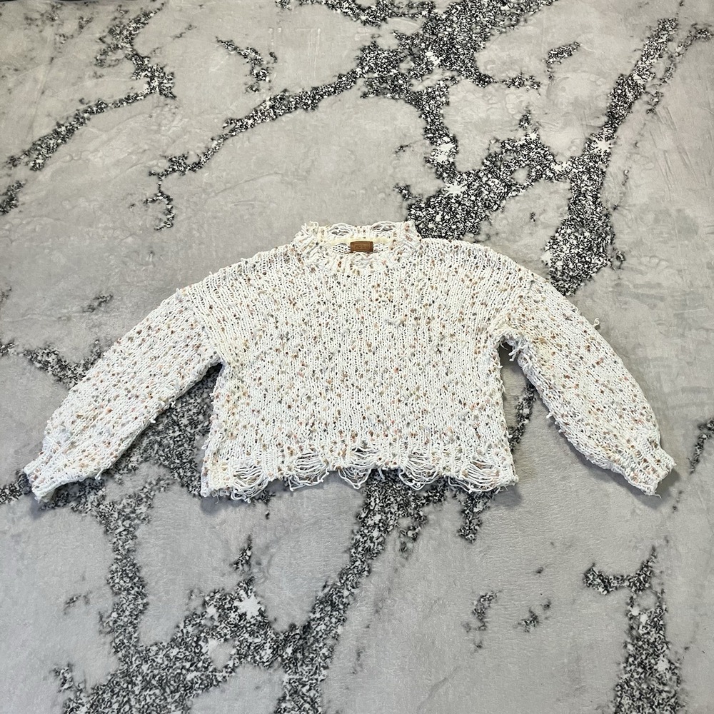 POL Sweater Womens Sz M Ivory Confetti Knit‎ Distressed Frayed Hem JST58 Chunky